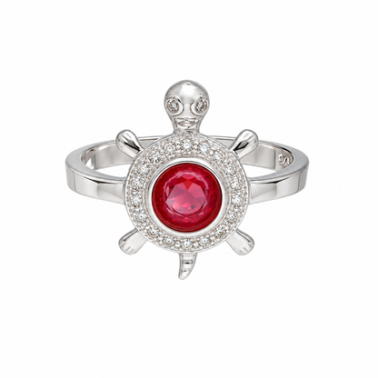 Sterling Silver 925 Sea Turtle Ring with Red Crystal Center Stone Ring - FKJRNSLM12290