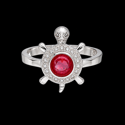 Sterling Silver 925 Sea Turtle Ring with Red Crystal Center Stone Ring - FKJRNSLM12290