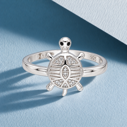 Sterling Silver 925 Sea Turtle Ring with Crystal Center Stone Ring - FKJRNSLM12291