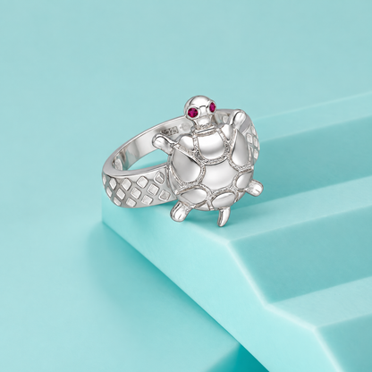 Sterling Silver 925 Sea Turtle Ring with Red Stone Eyes Ring - FKJRNSLM12292