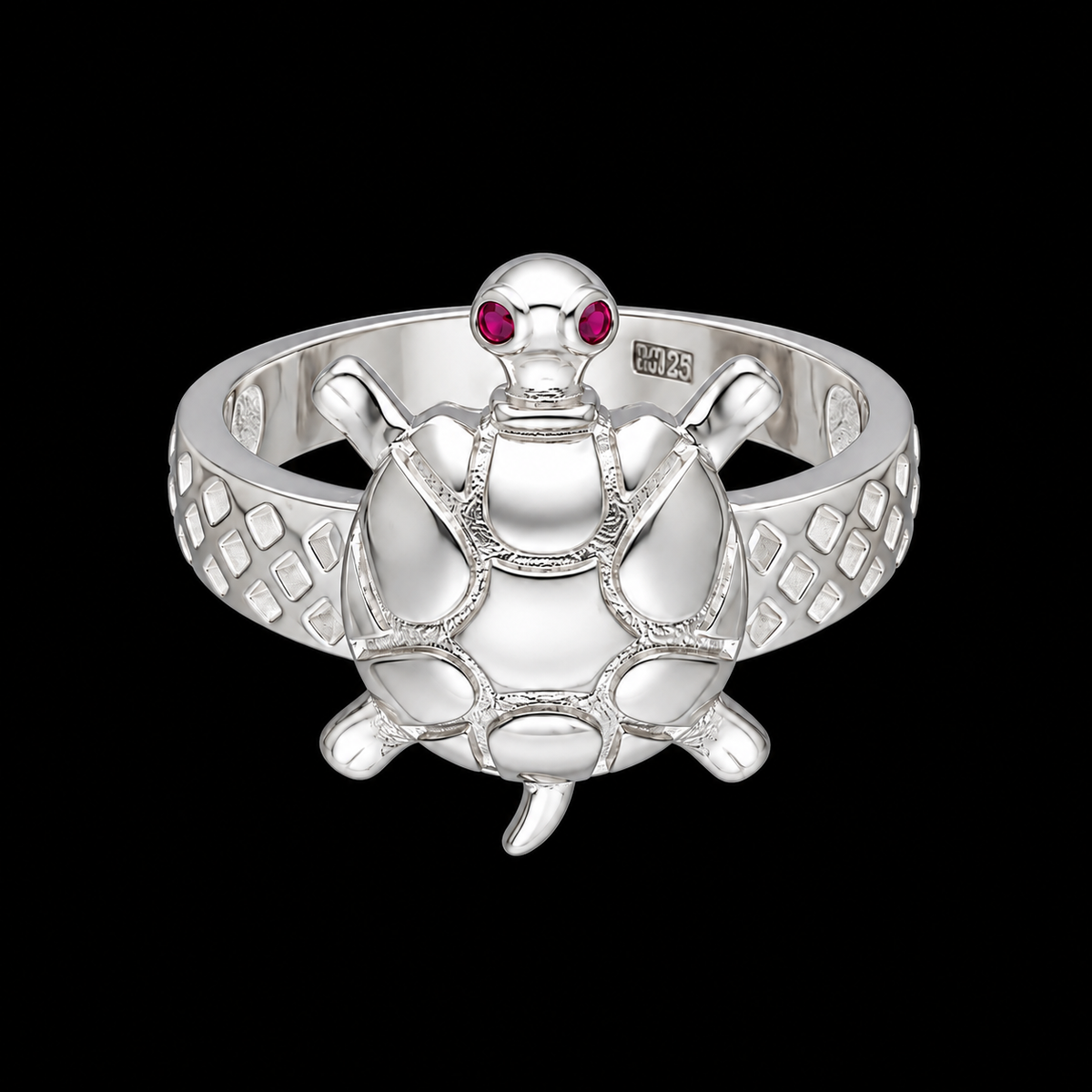 Sterling Silver 925 Sea Turtle Ring with Red Stone Eyes Ring - FKJRNSLM12292