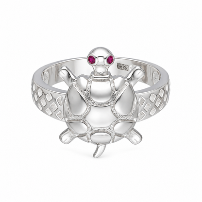 Sterling Silver 925 Sea Turtle Ring with Red Stone Eyes Ring - FKJRNSLM12292