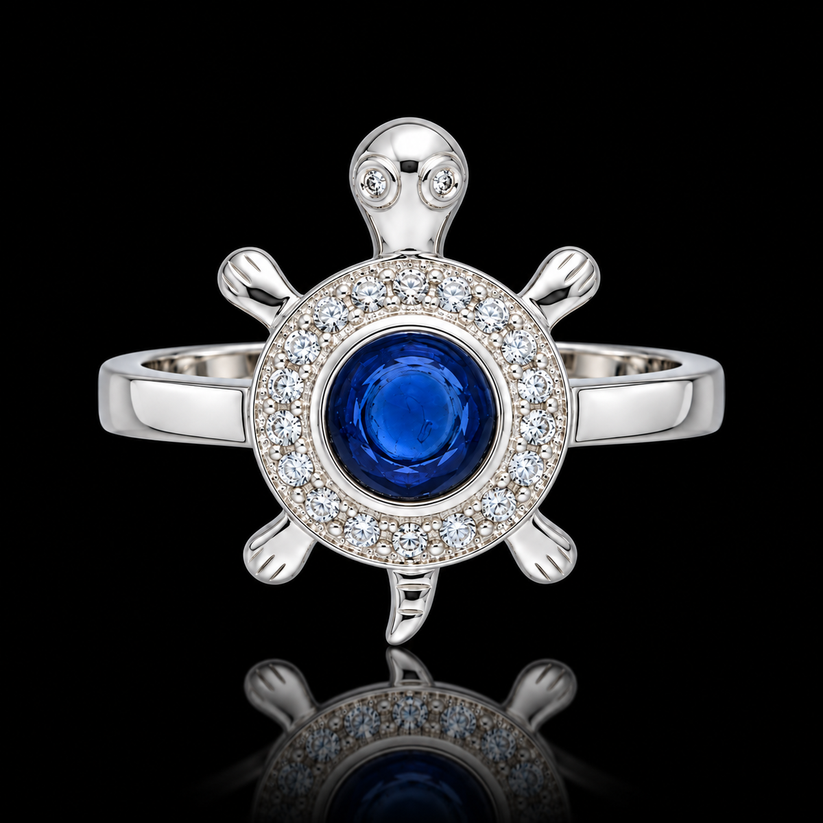 Sterling Silver 925 Sea Turtle Ring with Blue Crystal Center Stone Silver 925 Ring - FKJRNSLM12293