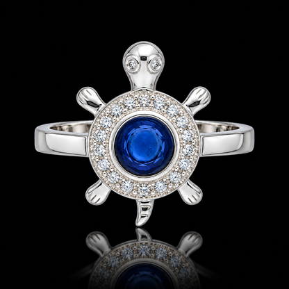 Sterling Silver 925 Sea Turtle Ring with Blue Crystal Center Stone Silver 925 Ring - FKJRNSLM12293