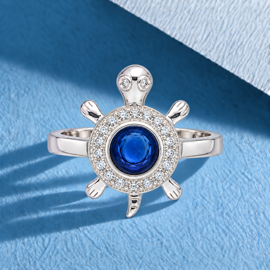 Sterling Silver 925 Sea Turtle Ring with Blue Crystal Center Stone Silver 925 Ring - FKJRNSLM12293