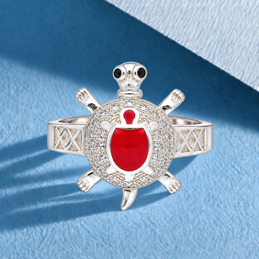 Sterling Silver 925 Sea Turtle Ring with Red Crystal Center Stone Ring - FKJRNSLM12294