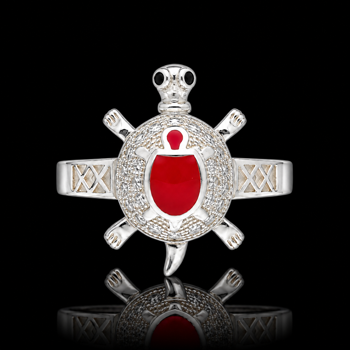 Sterling Silver 925 Sea Turtle Ring with Red Crystal Center Stone Ring - FKJRNSLM12294
