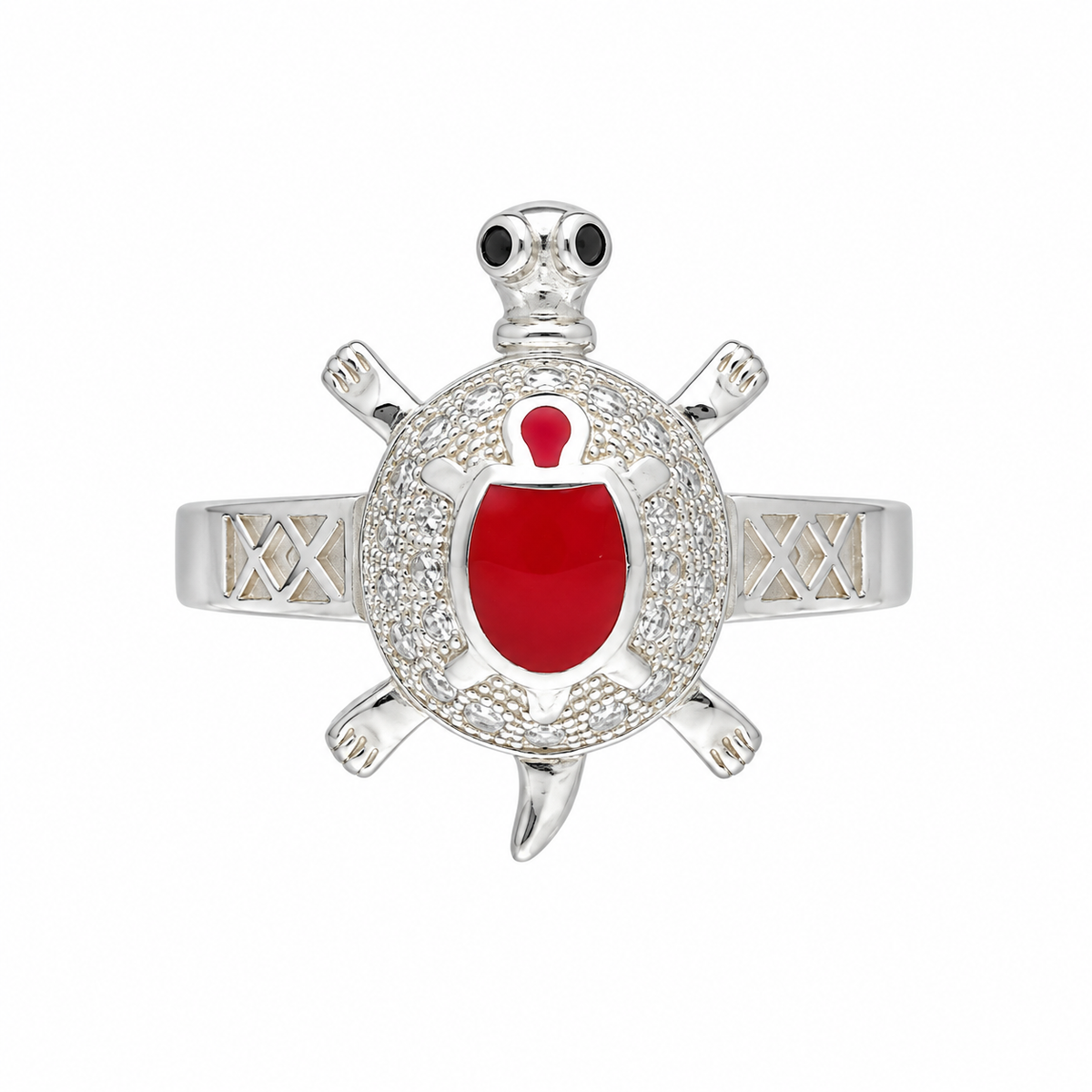 Sterling Silver 925 Sea Turtle Ring with Red Crystal Center Stone Ring - FKJRNSLM12294