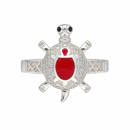 Sterling Silver 925 Sea Turtle Ring with Red Crystal Center Stone Ring - FKJRNSLM12294