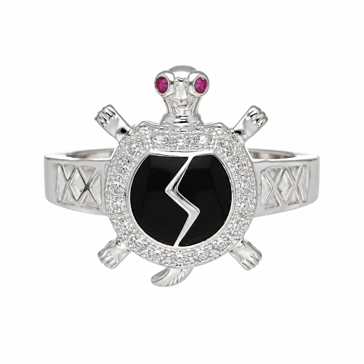 Sterling Silver 925 Sea Turtle Ring with Black Crystal Center Stone Ring - FKJRNSLM12295