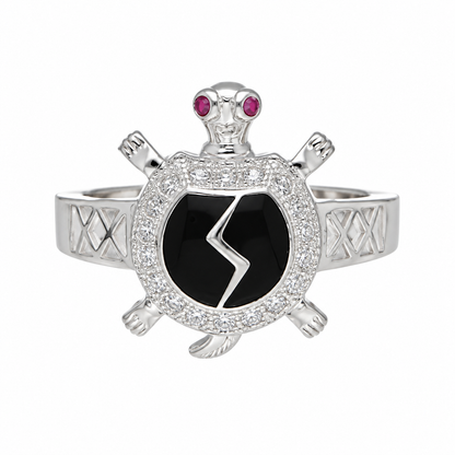 Sterling Silver 925 Sea Turtle Ring with Black Crystal Center Stone Ring - FKJRNSLM12295