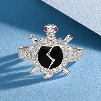 Sterling Silver 925 Sea Turtle Ring with Black Crystal Center Stone Ring - FKJRNSLM12295