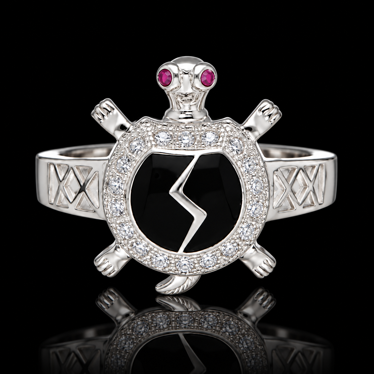 Sterling Silver 925 Sea Turtle Ring with Black Crystal Center Stone Ring - FKJRNSLM12295