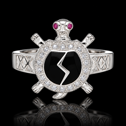 Sterling Silver 925 Sea Turtle Ring with Black Crystal Center Stone Ring - FKJRNSLM12295