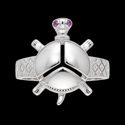 Sterling Silver 925 Sea Turtle Ring with Pink Crystal Eyes Ring - FKJRNSLM12297
