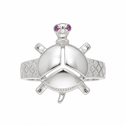 Sterling Silver 925 Sea Turtle Ring with Pink Crystal Eyes Ring - FKJRNSLM12297