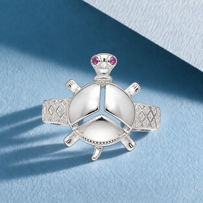 Sterling Silver 925 Sea Turtle Ring with Pink Crystal Eyes Ring - FKJRNSLM12297