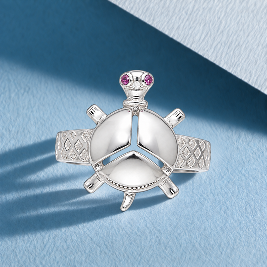 Sterling Silver 925 Sea Turtle Ring with Pink Crystal Eyes Ring - FKJRNSLM12297