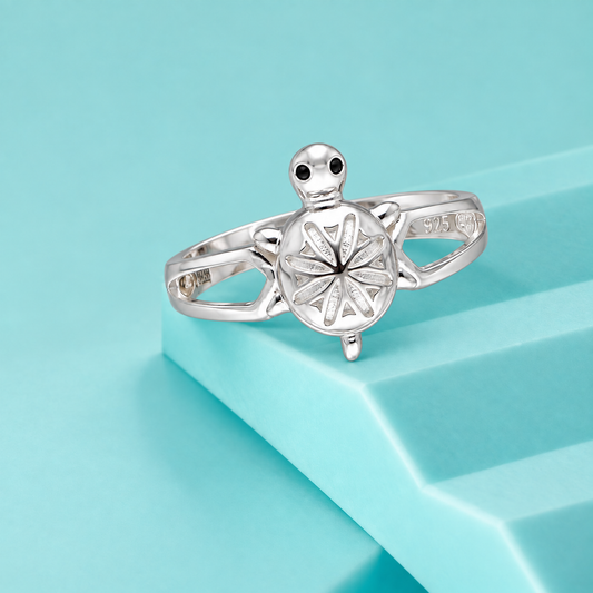Sterling Silver 925 Sea Turtle Ring with Geometric Star Shell Design Ring - FKJRNSLM12299