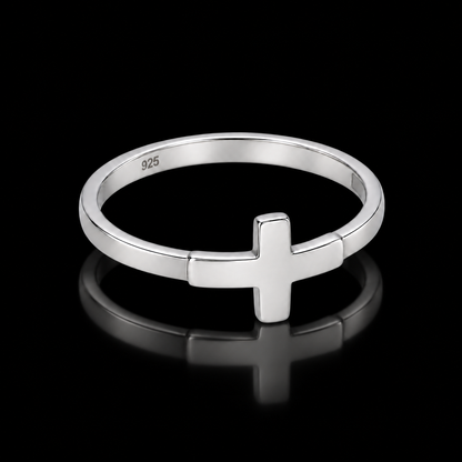 Sterling Silver 925 Minimal Cross Band Ring - FKJRNSLM12307