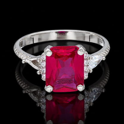 Sterling Silver 925 Ruby Red Emerald-Cut Statement Ring in Silver Finish - FKJRNSLM12317