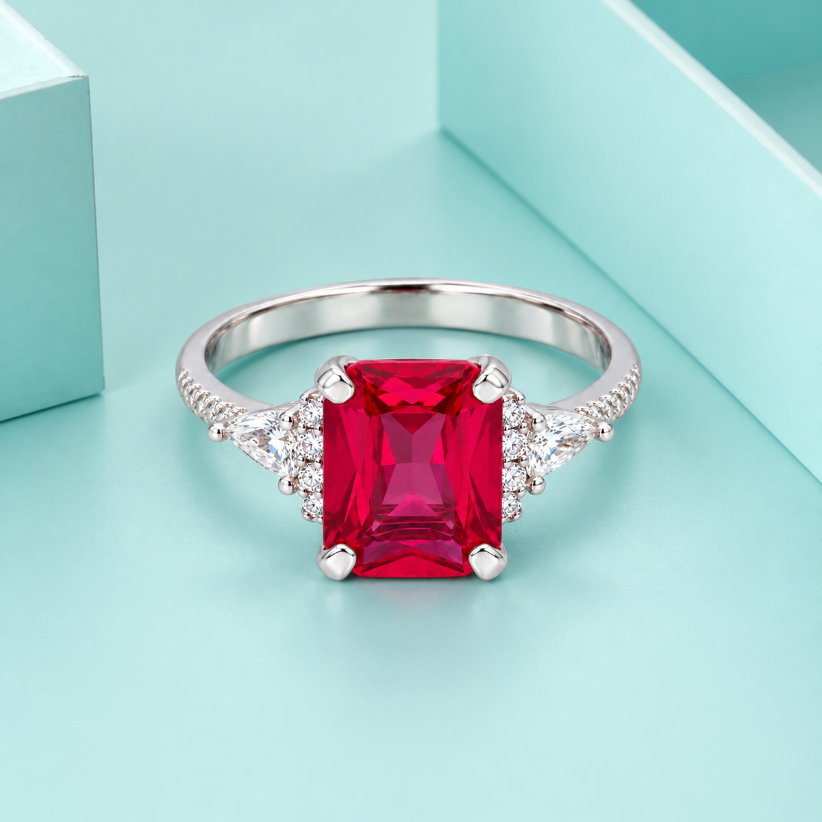 Sterling Silver 925 Ruby Red Emerald-Cut Statement Ring in Silver Finish - FKJRNSLM12317