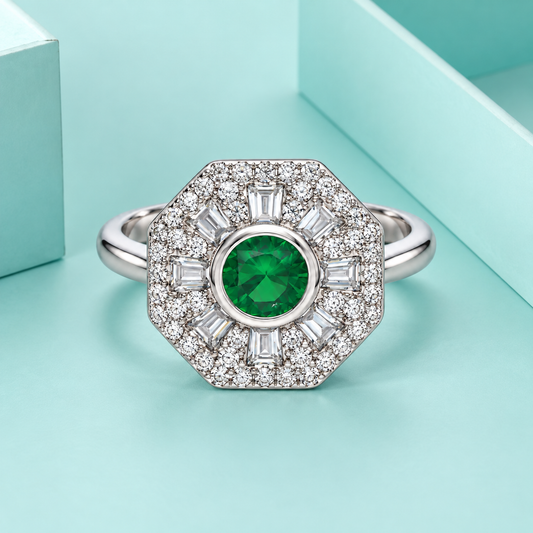 Sterling Silver 925 Vintage Octagon Halo Green Gemstone Ring - FKJRNSLM12318