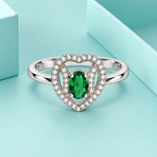 Sterling Silver 925 Pear-Cut Emerald Green Gemstone Heart Halo Ring - FKJRNSLM12319