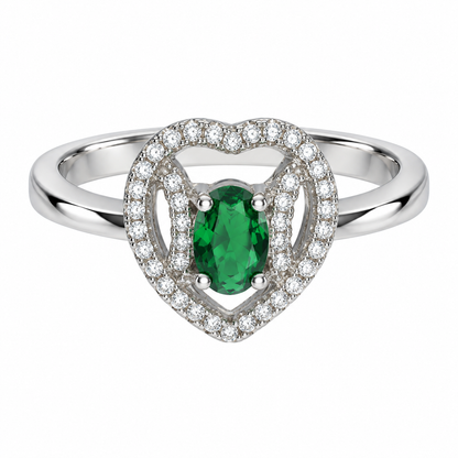 Sterling Silver 925 Pear-Cut Emerald Green Gemstone Heart Halo Ring - FKJRNSLM12319