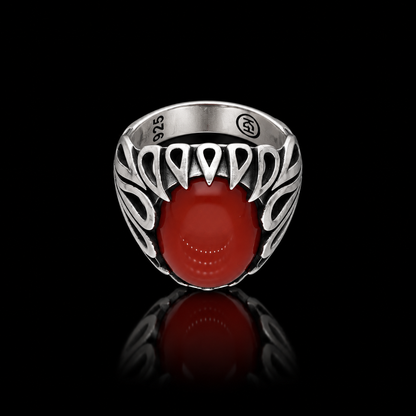 Sterling Silver 925 Vintage Oxidized Sterling Silver Ring with Oval Red Carnelian Stone - FKJRNSLM12320