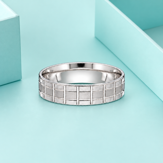 Sterling Silver 925 Textured Grid Wedding Band Ring - FKJRNSLM12321