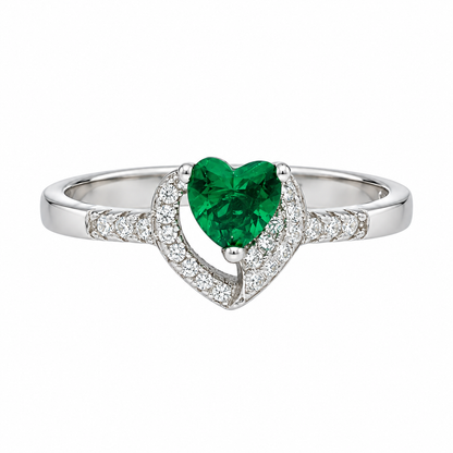 Sterling Silver 925 Heart-Shaped Emerald Green Stone Ring with Pavé Accents - FKJRNSLM12322