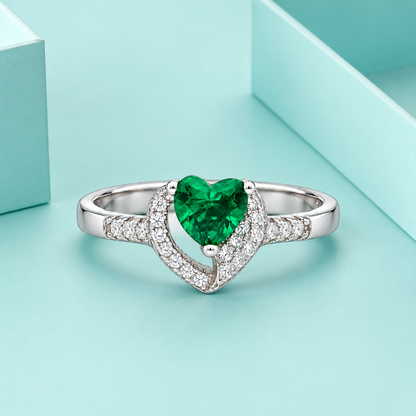 Sterling Silver 925 Heart-Shaped Emerald Green Stone Ring with Pavé Accents - FKJRNSLM12322