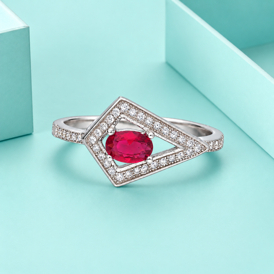 Sterling Silver 925 Oval-Cut Ruby Red Gemstone Triangle Frame Ring - FKJRNSLM12323