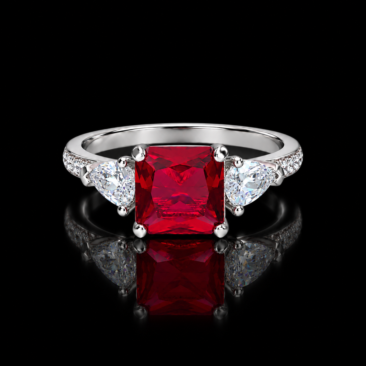 Sterling Silver 925 Ruby Red Gemstone Ring with Pear-Cut Side Stones Ring - FKJRNSLM12324