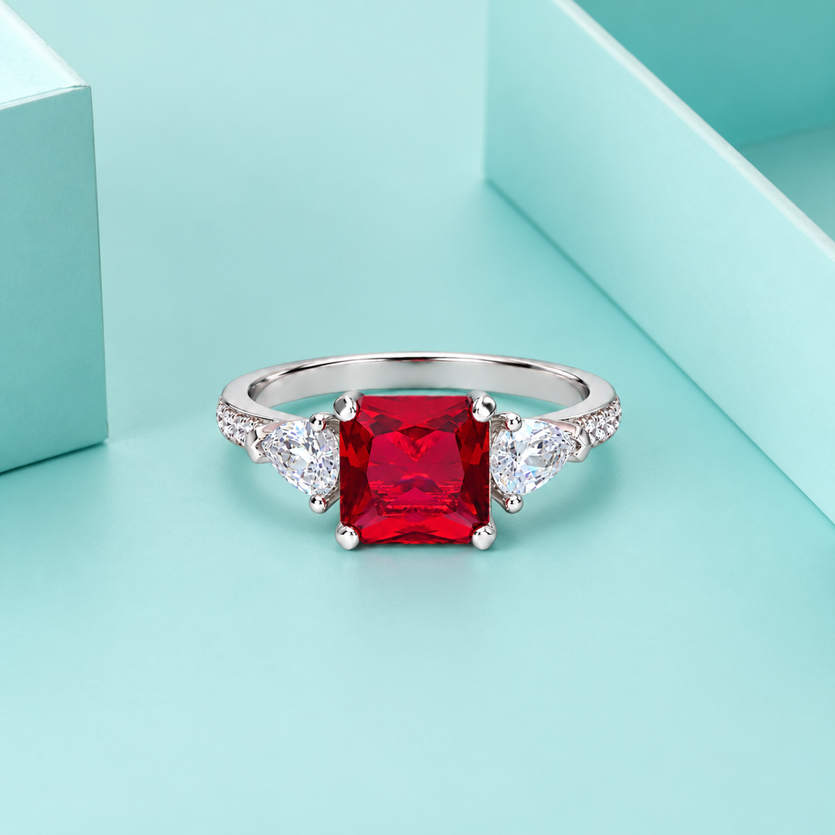 Sterling Silver 925 Ruby Red Gemstone Ring with Pear-Cut Side Stones Ring - FKJRNSLM12324