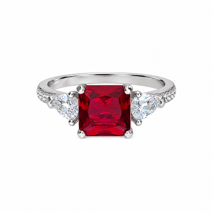 Sterling Silver 925 Ruby Red Gemstone Ring with Pear-Cut Side Stones Ring - FKJRNSLM12324