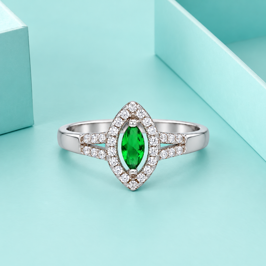 Sterling Silver 925 Marquise Green Gemstone Ring with Split Shank Band Ring - FKJRNSLM12325