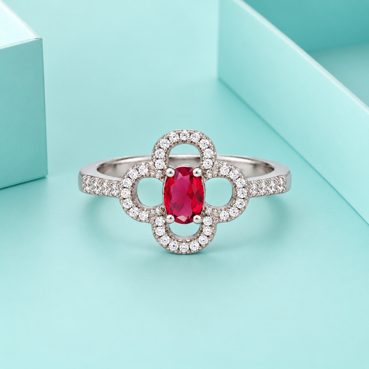 Sterling Silver 925 Oval-Cut Ruby Red Gemstone Flower Ring - FKJRNSLM12326