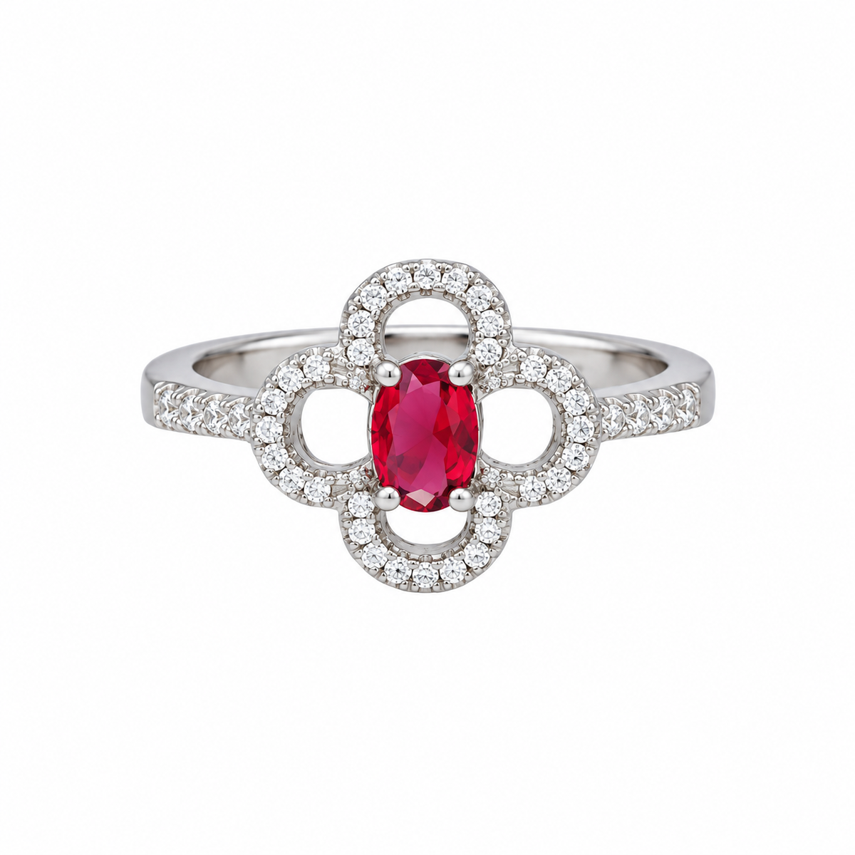 Sterling Silver 925 Oval-Cut Ruby Red Gemstone Flower Ring - FKJRNSLM12326