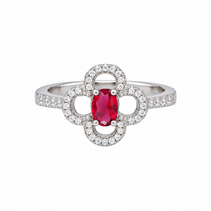 Sterling Silver 925 Oval-Cut Ruby Red Gemstone Flower Ring - FKJRNSLM12326