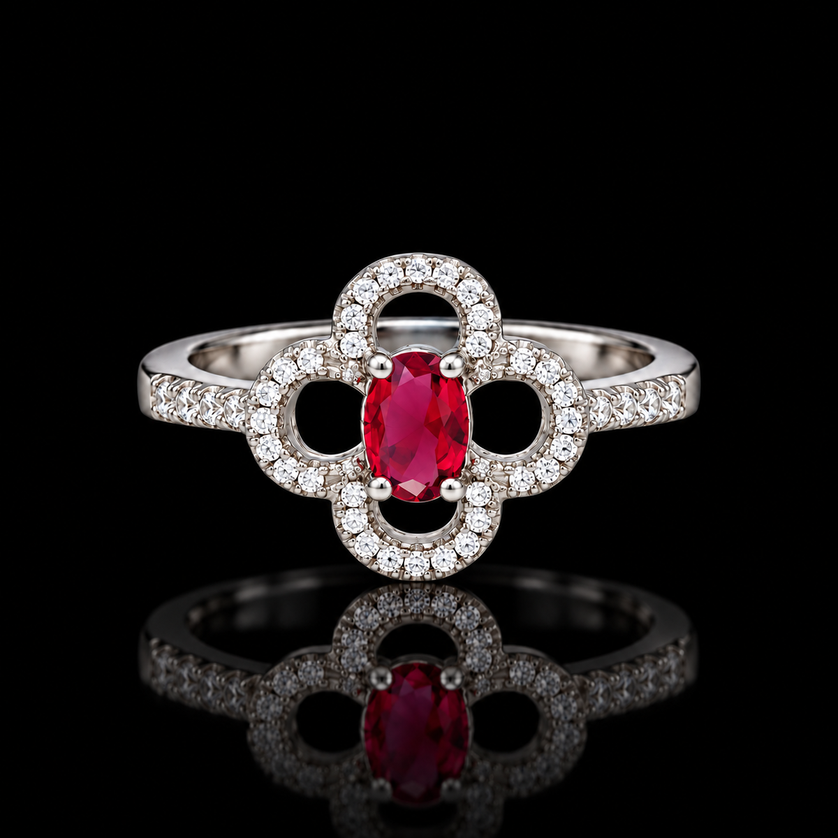 Sterling Silver 925 Oval-Cut Ruby Red Gemstone Flower Ring - FKJRNSLM12326