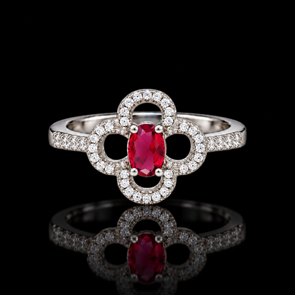 Sterling Silver 925 Oval-Cut Ruby Red Gemstone Flower Ring - FKJRNSLM12326