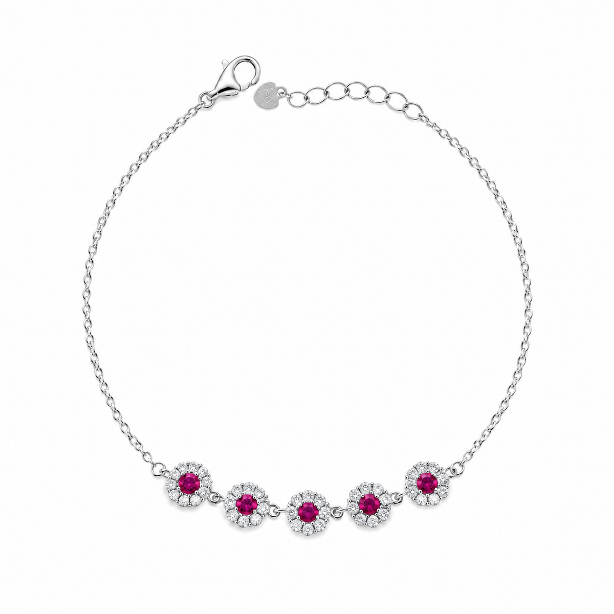 Sterling Silver 925 Floral Halo Bracelet with Ruby Stones - FKJBRLSLM12330