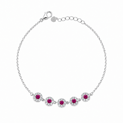Sterling Silver 925 Floral Halo Bracelet with Ruby Stones - FKJBRLSLM12330