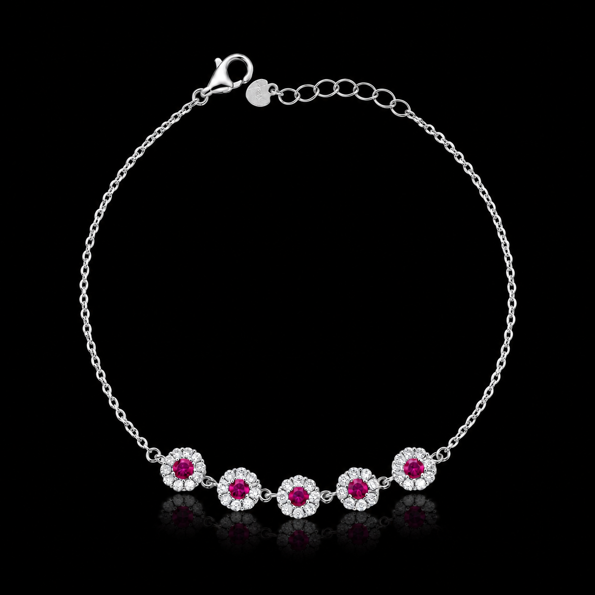 Sterling Silver 925 Floral Halo Bracelet with Ruby Stones - FKJBRLSLM12330