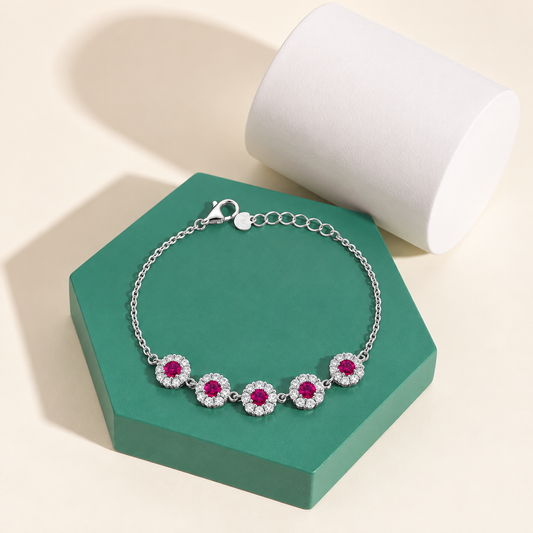 Sterling Silver 925 Floral Halo Bracelet with Ruby Stones - FKJBRLSLM12330