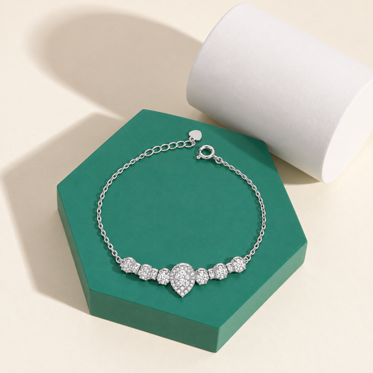 Sterling Silver 925 Sparkling Heart Station Bracelet - FKJBRLSLM12331