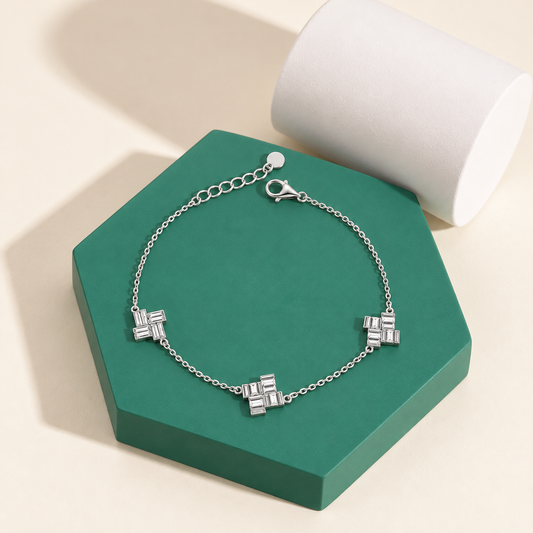 Sterling Silver 925 Square Motif Station Bracelet - FKJBRLSLM12336
