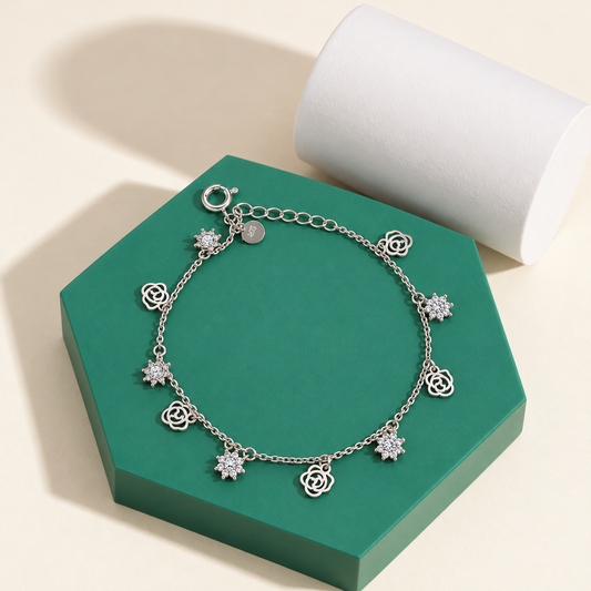 Sterling Silver 925 Rose and Snowflake Station Bracelet - FKJBRLSLM12337